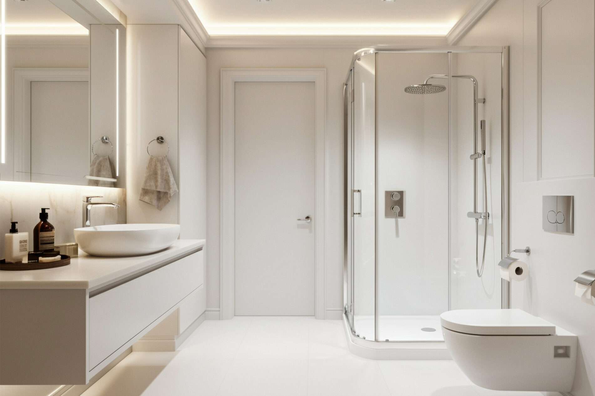 large luxury modern stylish all white bathroom interior with sink toilet and shower cabin