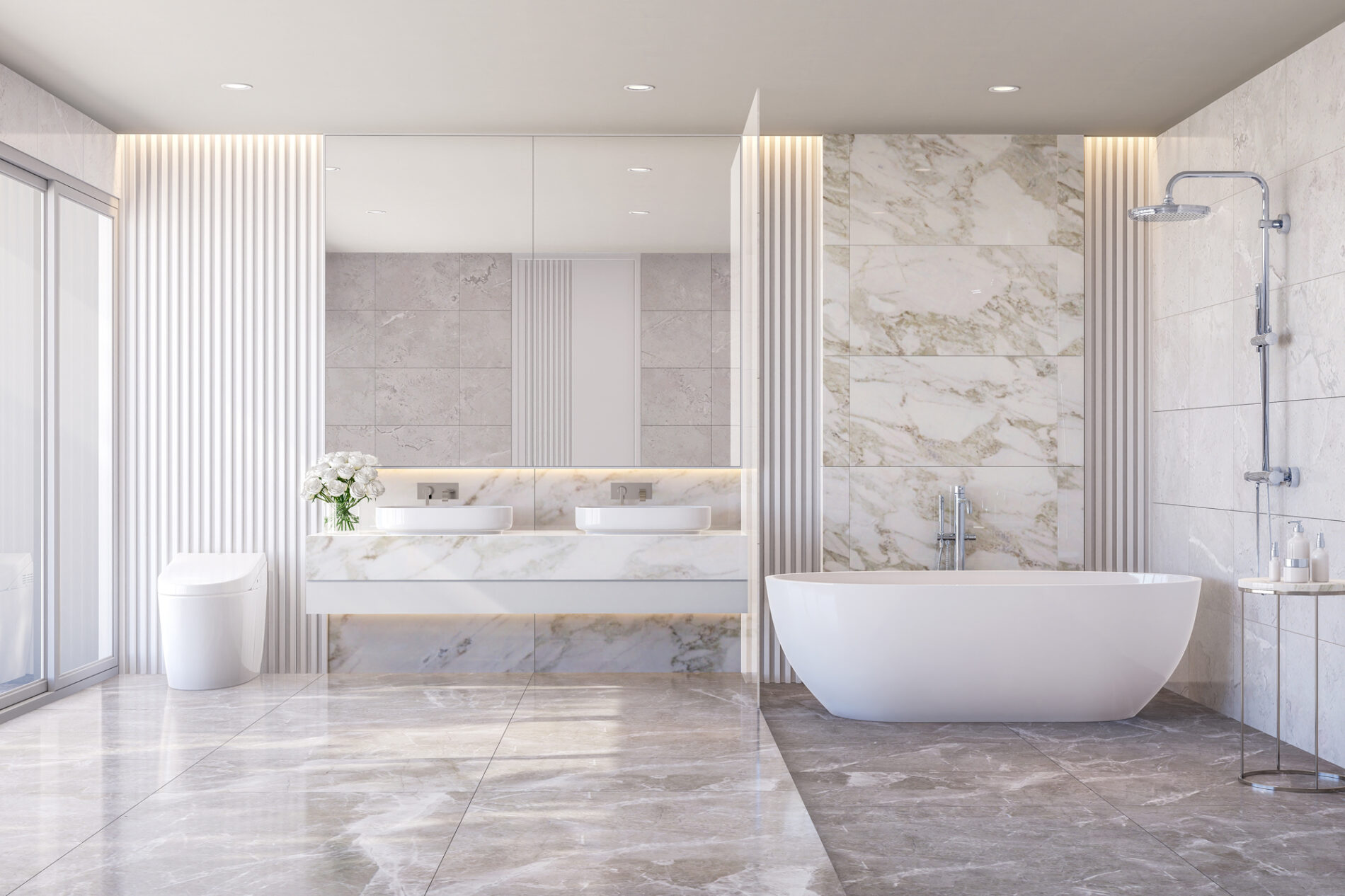 Modern style luxury white bathroom with marble stone 3d render illustration large window natural light into the room