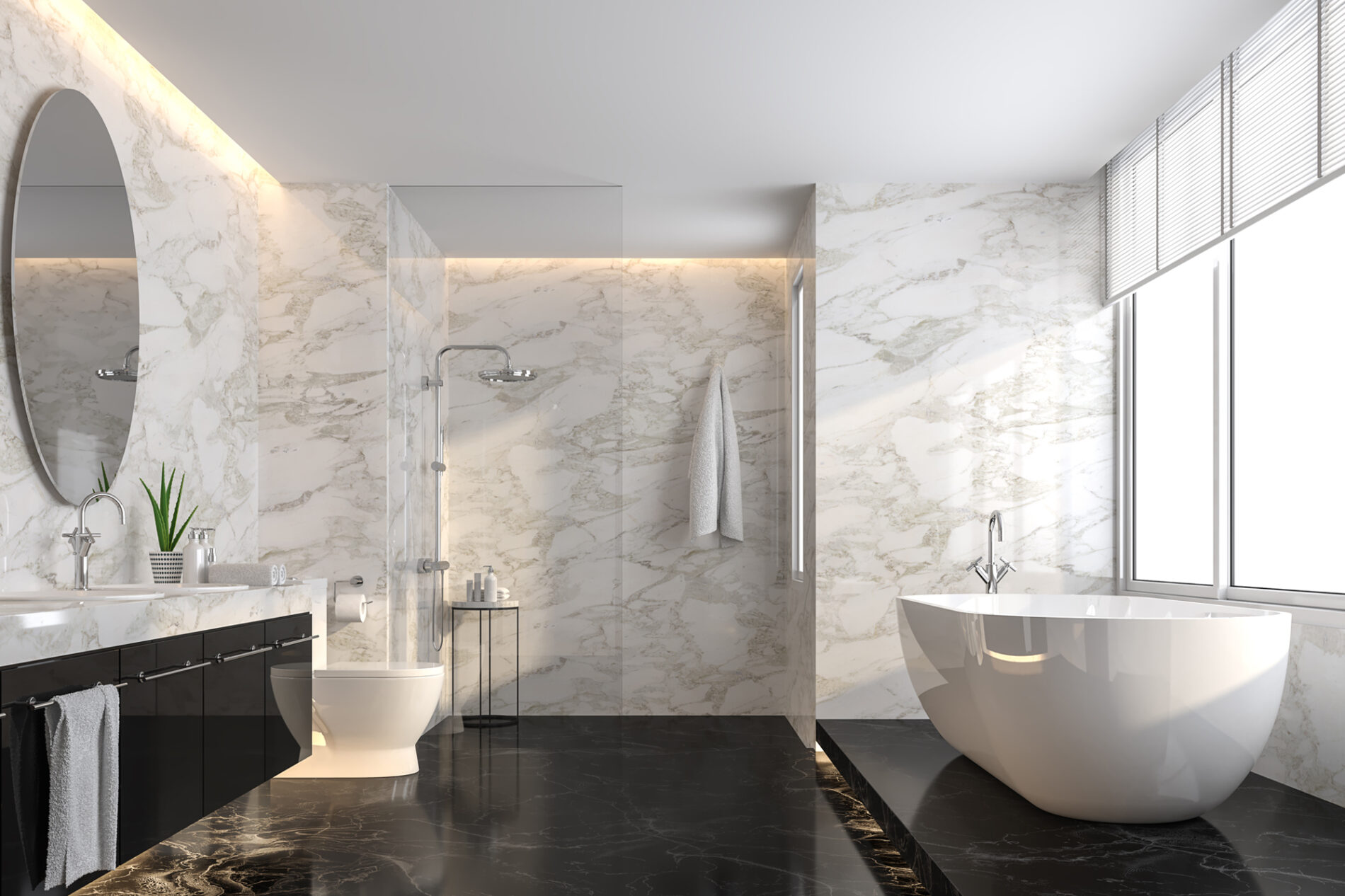 Luxury bathroom with black marble floor and white marble wall 3d render,The room has a clear glass shower partition,There are large windows natural light shining into the room.