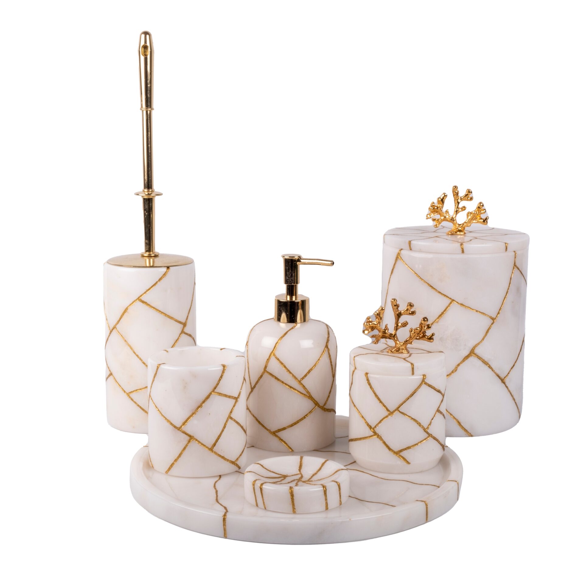 Luxury,Marble,Bathroom,Accessories,Hygiene,Set,Isolated,On,White