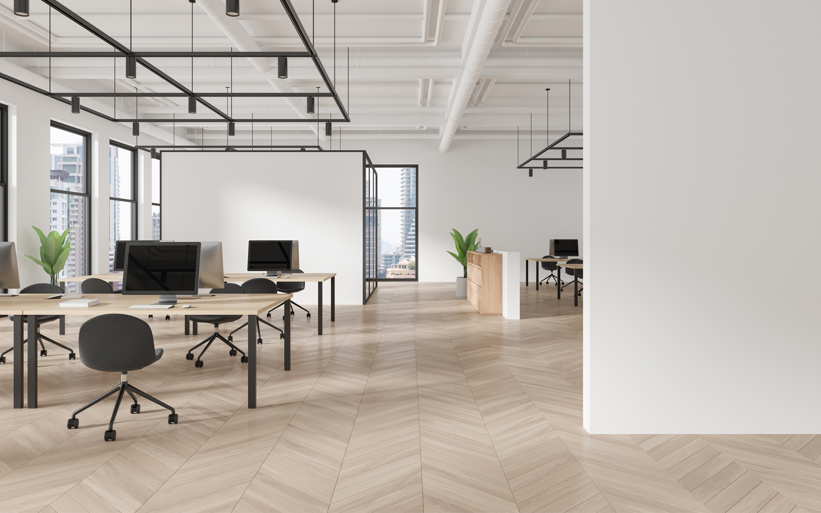 Cozy office interior with pc computers on desk and chairs, hardwood floor. Minimalist coworking space and panoramic window on Bangkok skyscrapers. Mock up empty wall partition. 3D rendering