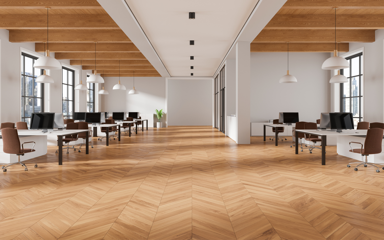 Wooden and white office interior with pc computers on desks in row, hardwood floor. Stylish workspace with corporate furniture. Panoramic window on New York skyscrapers. 3D rendering