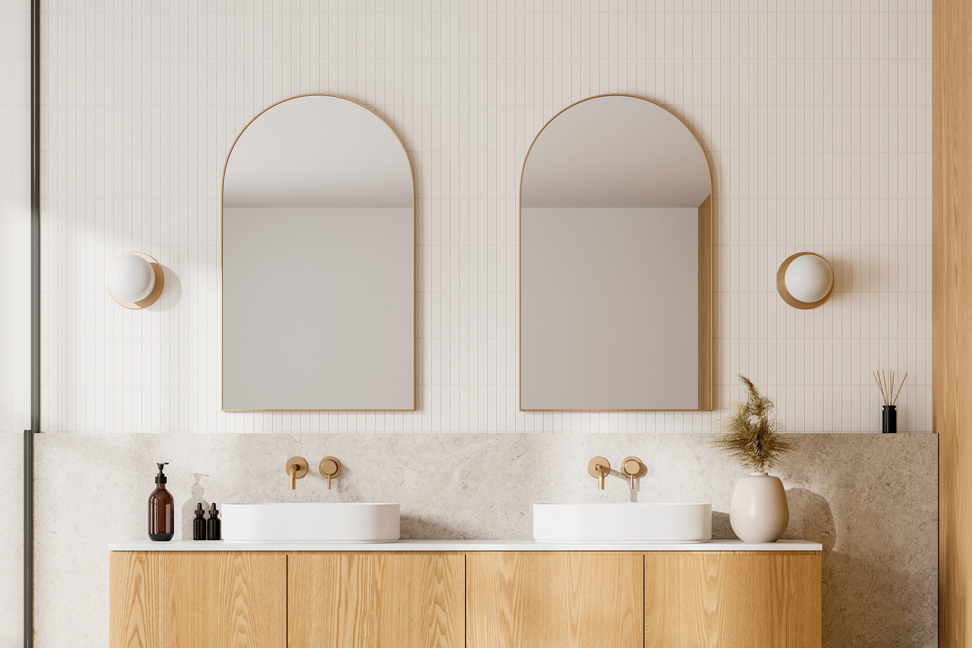 Modern bathroom with wooden cabinets, dual sinks, and arched mirrors, light background. Contemporary home or hotel concept. 3D Rendering