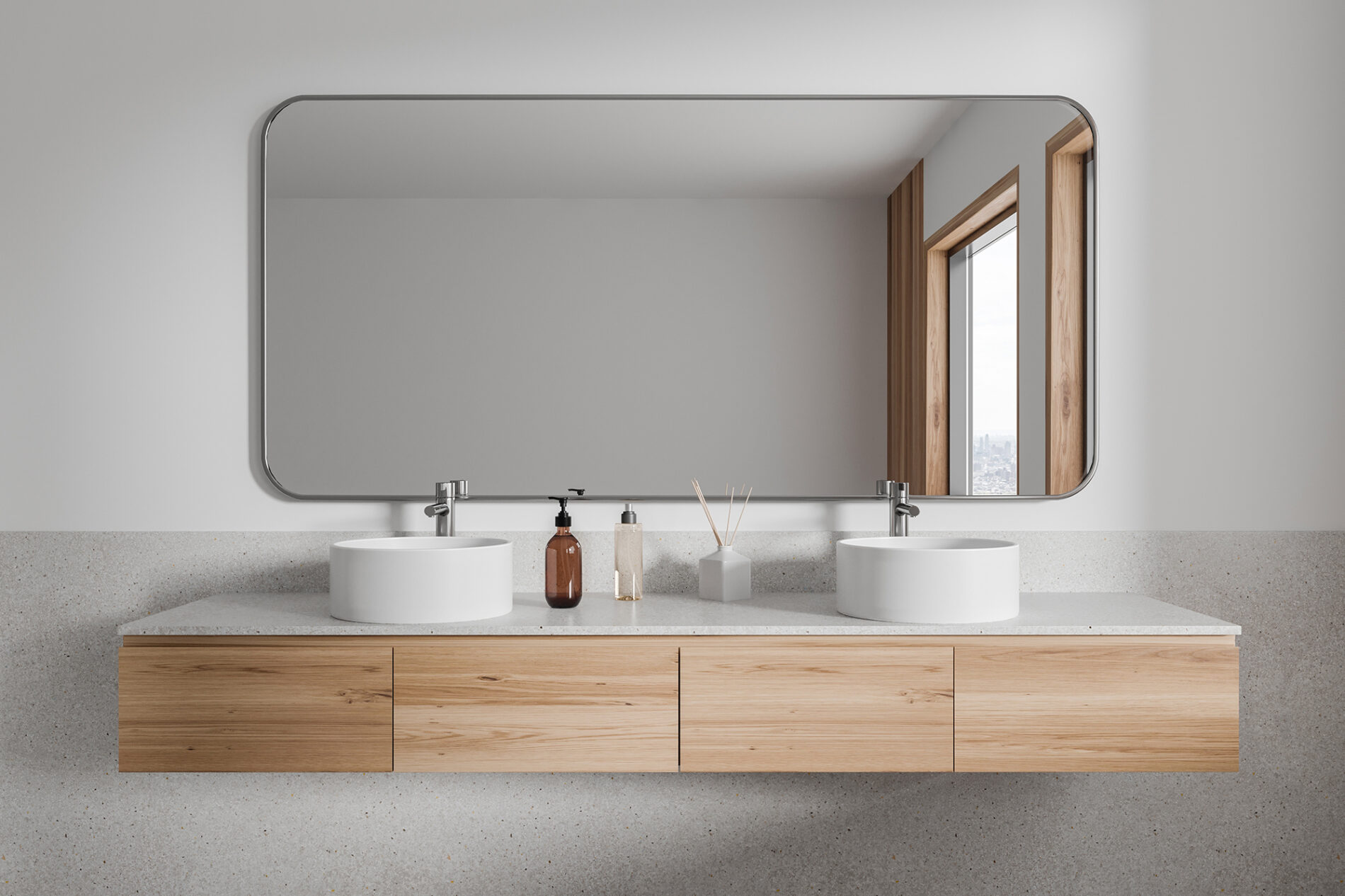 Stylish hotel bathroom interior with double sink and vanity, stylish accessories. Two washbasins and mirror on white wall, panoramic window on skyscrapers. 3D rendering