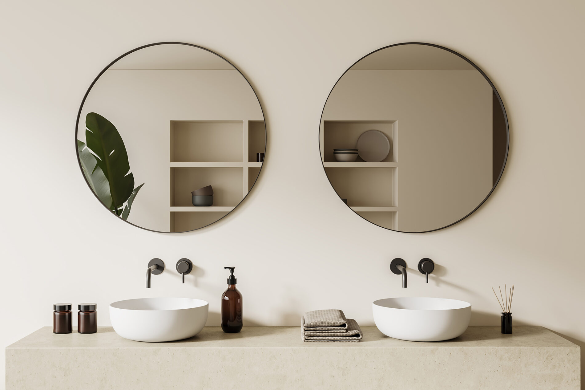 Stylish bathroom interior with double sink and round mirror, beige concrete deck with bathing accessories, reed diffuser and bath gel. 3D rendering