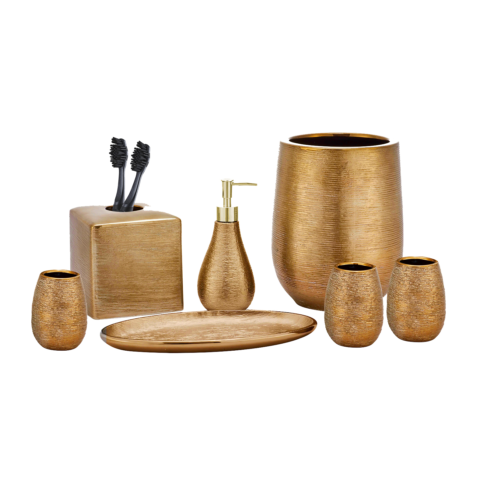 Set of accessories for bath and personal hygiene on white background, Beautiful hygiene set, Golden Bath Accessories